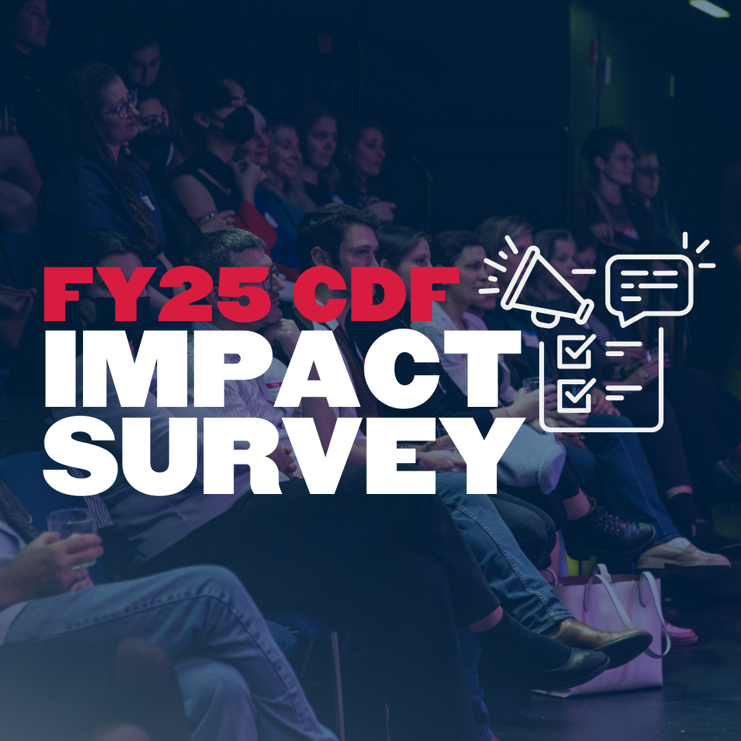 Background image of arts workers gathered. Text reads ‘FY25 CDF Impact Survey. Your response will help us advocate for more resources and more equitable distribution of funds’.